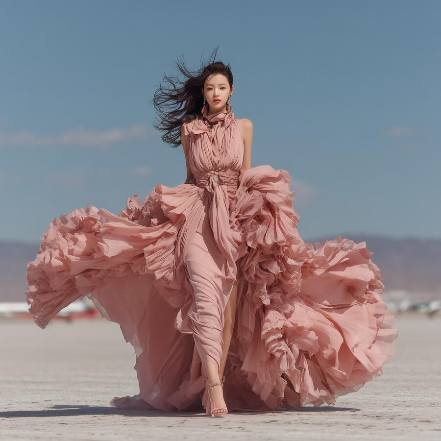 霧系列人像作品《權域之境｜粉玫舞紗》，女性穿著粉色飄逸長裙行走於廣闊沙地之上，裙擺隨風展開，畫面具有強烈動態與高級時尚感。 Portrait from The Haze series titled “Domain of Dominion – Rose Veil Motion”, featuring a woman walking across an open desert landscape wearing a flowing pink couture dress, with wind-blown fab
